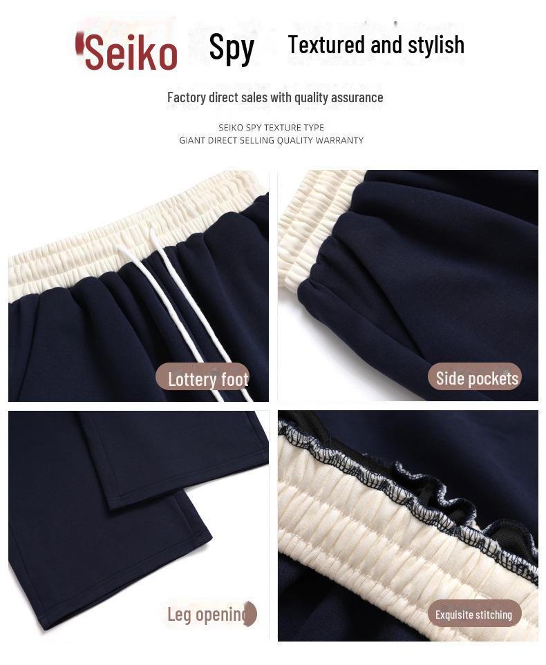 Women's High-Waist Navy Blue Drawstring Wide-Leg Sweatpants - American Style, Contrast Color, Autumn Casual Wear