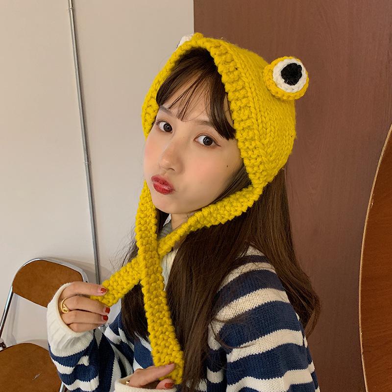 Frog Knitted Wool Hat for Women In Autumn and Winter Versatile Cute Korean Style Headdress Winter Headgear Cuckold Trendy Ear Cup