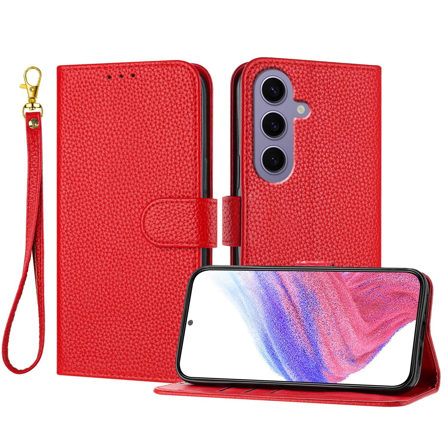 

For Samsung Galaxy S24 Leather Case Litchi Texture Wallet Stand Anti Drop Phone Cover with Wrist Strap Red