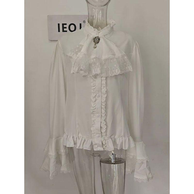 

IEQJ Chinese Style Solid Shirt For Women Stand Flare Sleeve White+XL 1