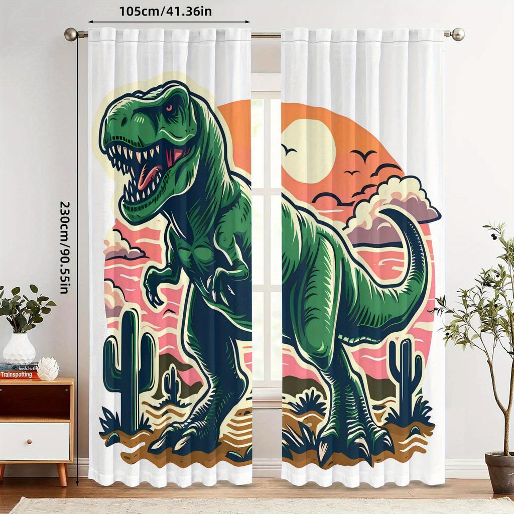 2pcs Vintage Tyrannosaurus Rex Dinosaur Curtain - Blackout, Rod Pocket, Machine Washable Polyester, 100-120gsm, Creative Desi