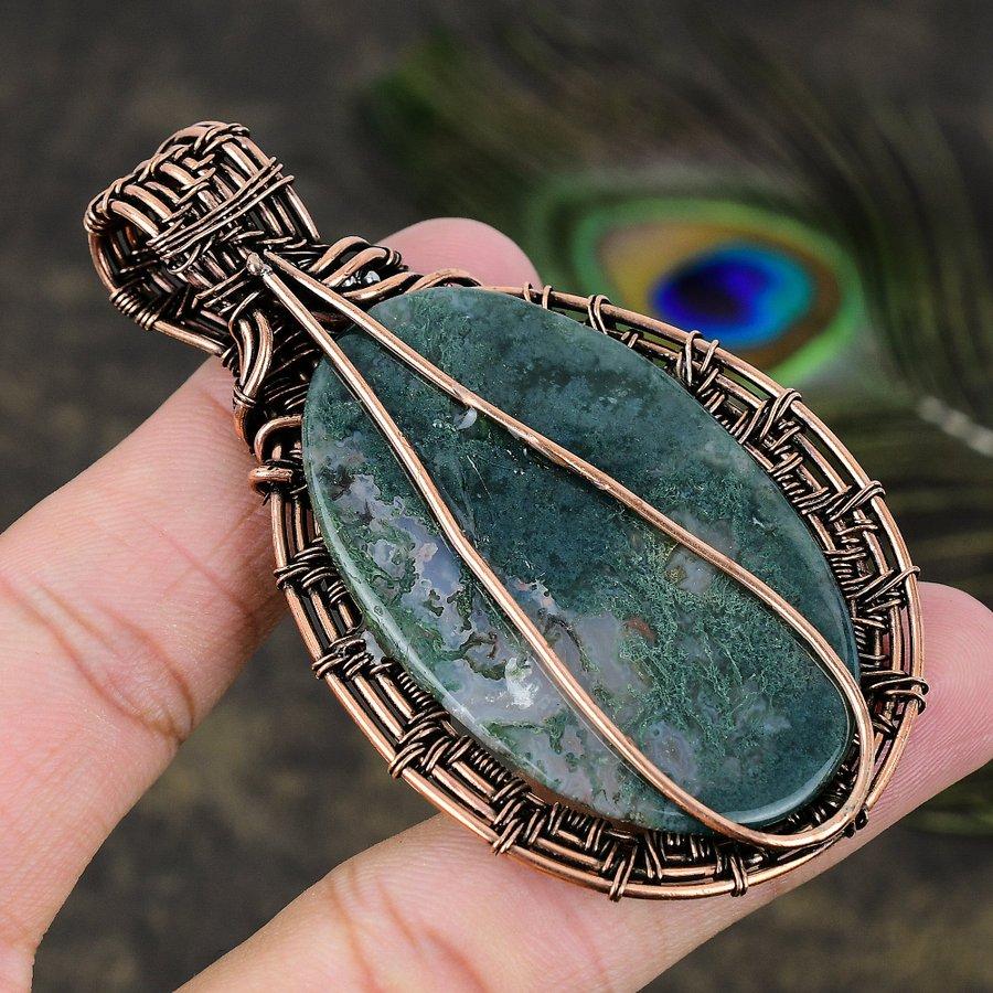 Indian Moss Agate Gemstone Copper Wire Wrap Jewelry Pendant 3.15