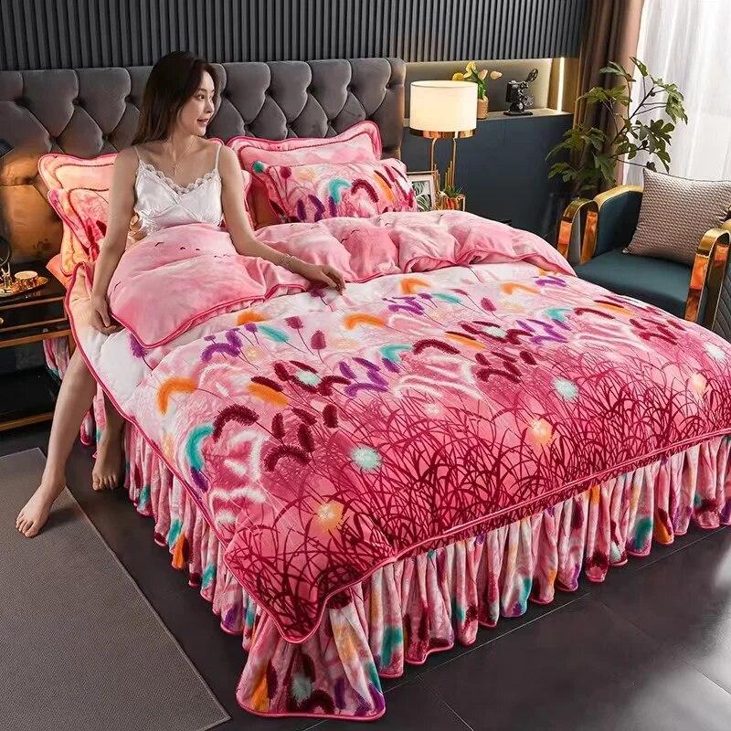 4pcs Bedding Set Fine Velvet Duvet Cover King Queen Size Thicken Quick Warm Coral Fleece Quilt Cover Bed Sheet Pillowcase