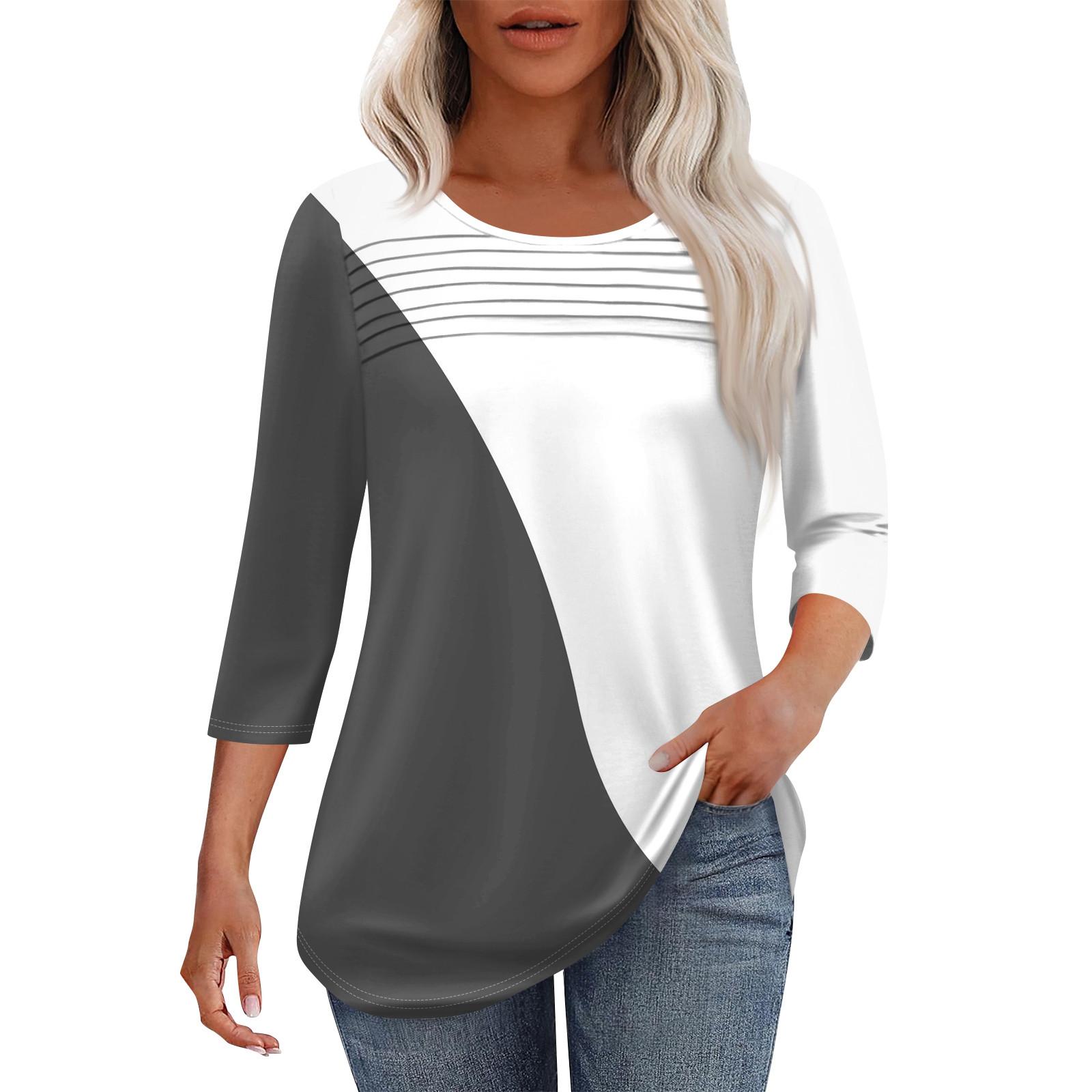 

Женская мода круглый вырез шея плиссированная передняя планка однотонный топ рукав 3/4 XL белый