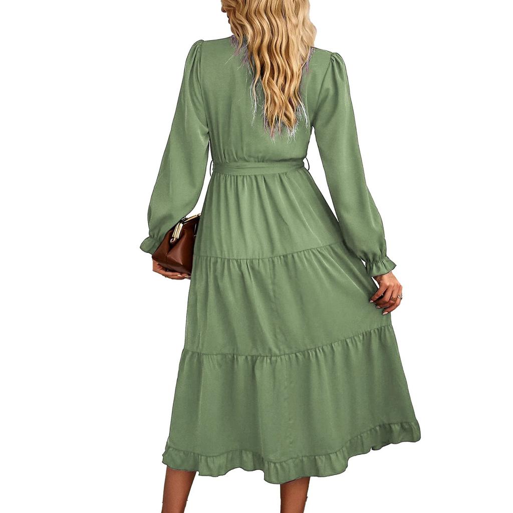 Dress For Women Long Boho Beach Dress Elegant Maxi Dress V-Neck Long Sleeve Dress With Pockets