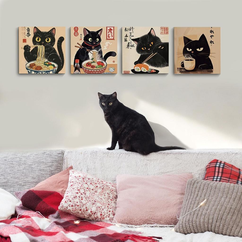 4 PCs Kawaii Japanese Ramen Cats Canvas Wall Art Framed Wall Decor, Cat Lover Gifts, Cat Themed Gifts Art Prints Paintings, Pictures Home Decor for