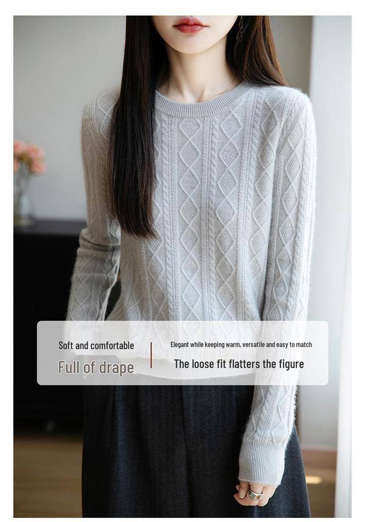 Australian Women's Retro Loose Wool Sweater - Diamond Cable Knit, Round Neck, 100% Pure Thick Wool, Autumn/Winter Collection