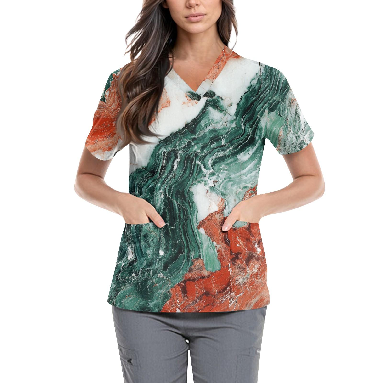 

Жіночий милий принтований робочий одяг, V-подібний виріз, двошарові кишені, базовий пуловер з короткими рукавами, Валентина M