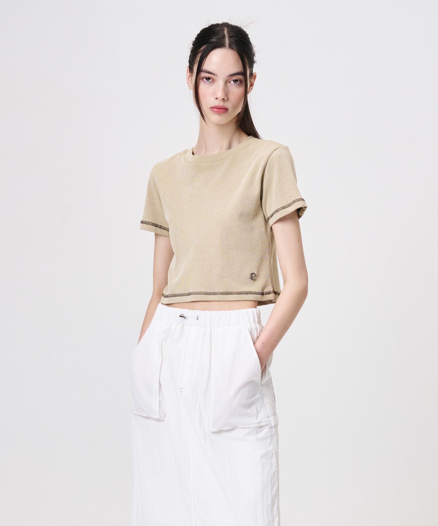 Etmont Pigment Stitch Detail T-Shirt, Khaki Khaki/Free
