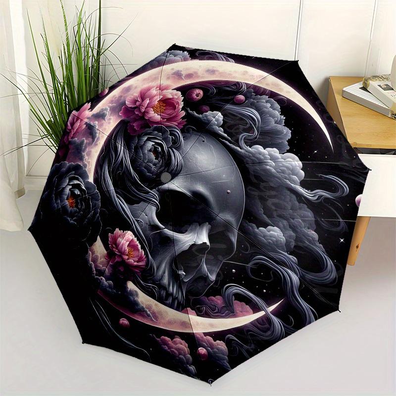 

1pc Moonlit Skull with Flowers Yin-Yang Umbrella with Plastic Handle,Suitable for All Seasons Home Travel Outdoor UmbrellaB1823