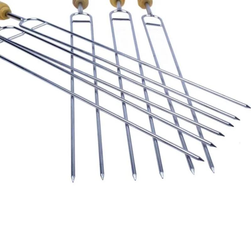 39cm 6pcs BBQ Skewers Long Wooden Handle Kebab Barbecue Grill Stick Wood BBQ Fork Stainless Steel Outdoors Grill Needle