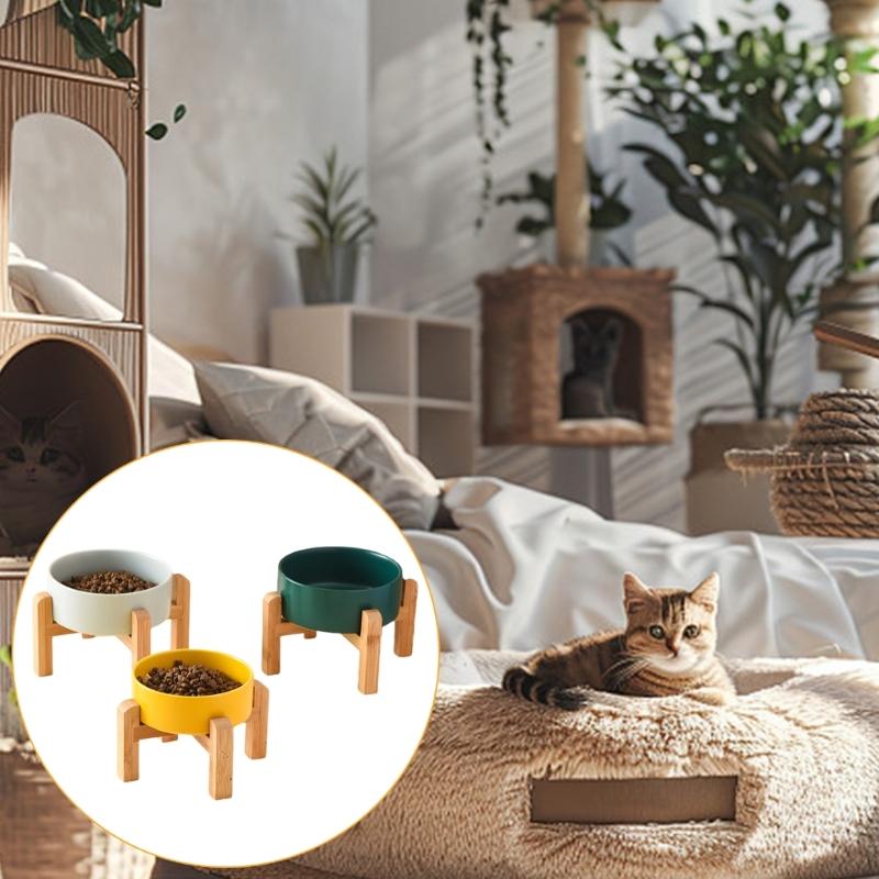 Antypoślizgowy Ceramiczny Zestaw Miseczek dla Zwierząt Podwyższony Drewniany Zestaw Podwójnych Misek Duża Pojemność Akcesoria do Karmienia Psów Kotów