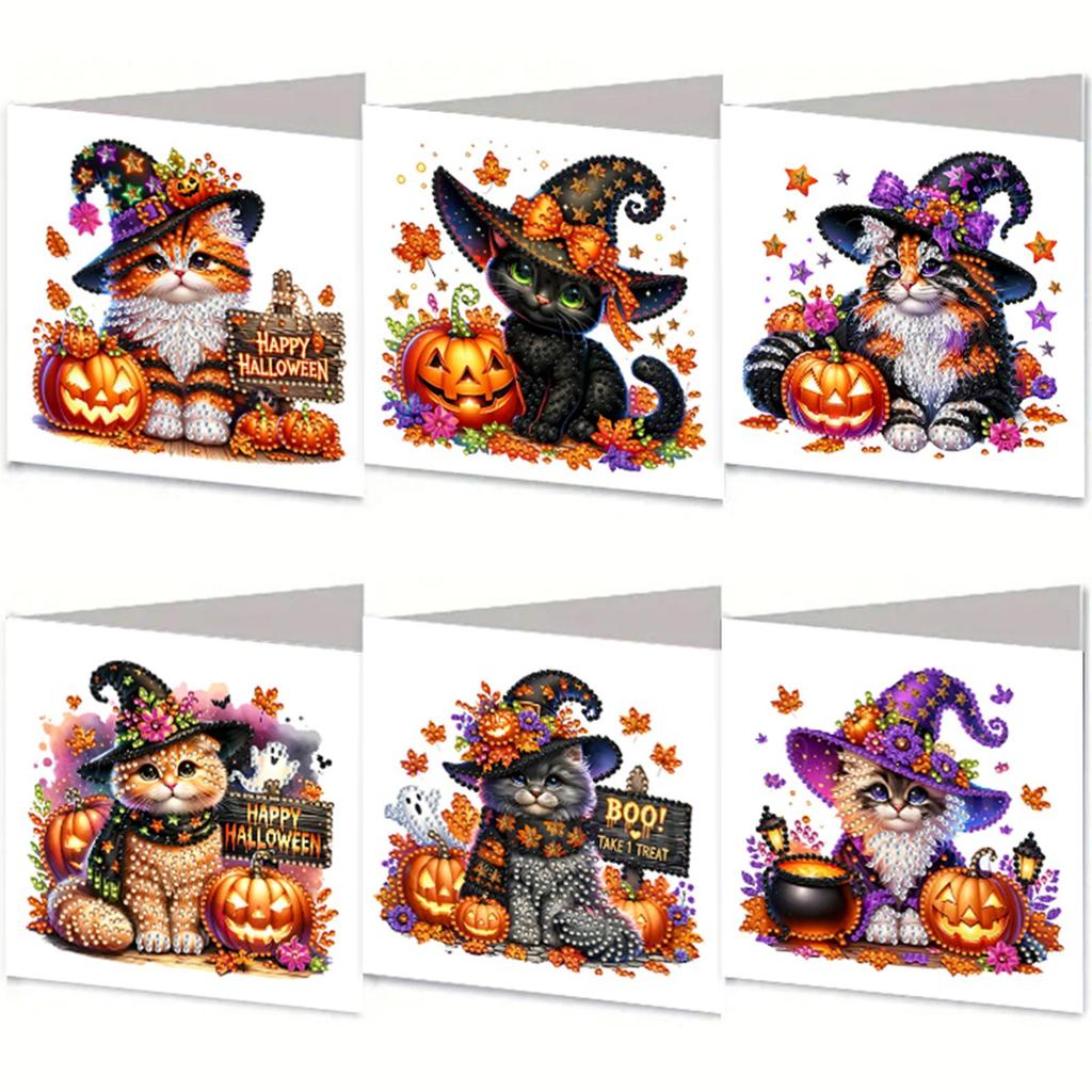6pcs DIY Diamond Painting Greeting Card Set Halloween Pattern Rhinestone Diamond Art Mosaic Postcards for Halloween and Holidays
