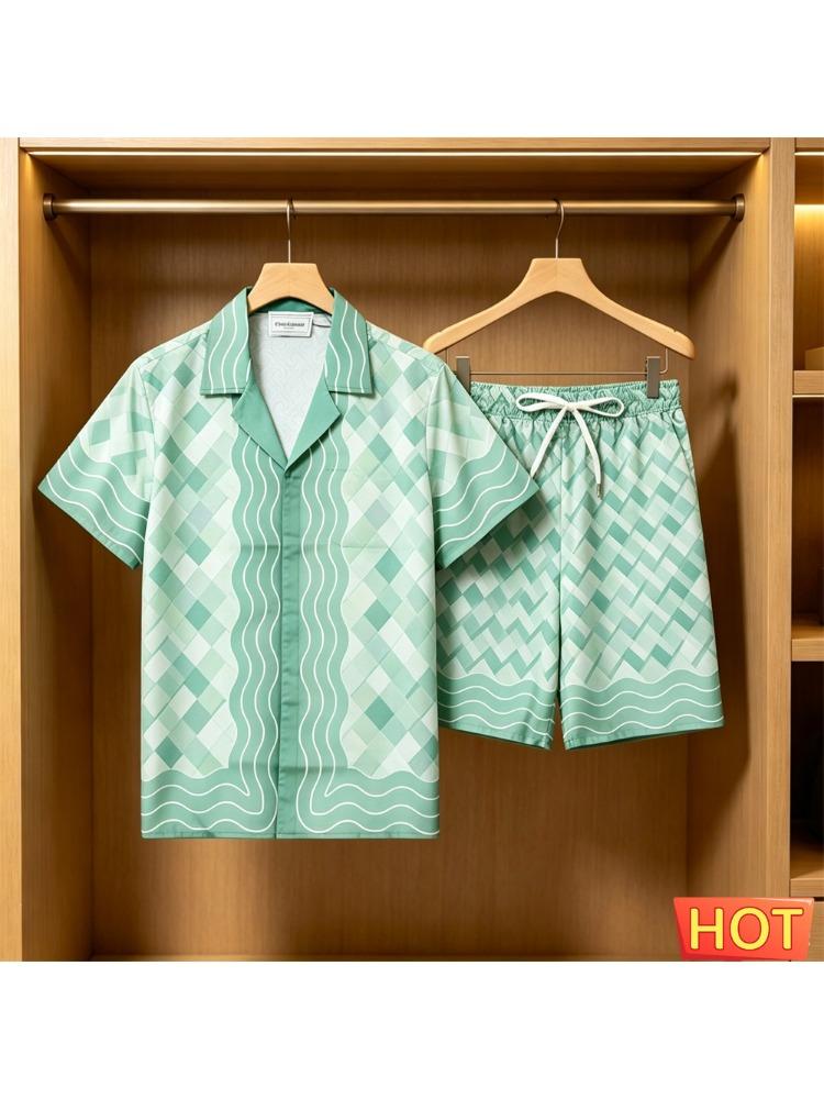 Men's Summer Set: Stylish 3D Striped Print Short Sleeve Shirt and Shorts