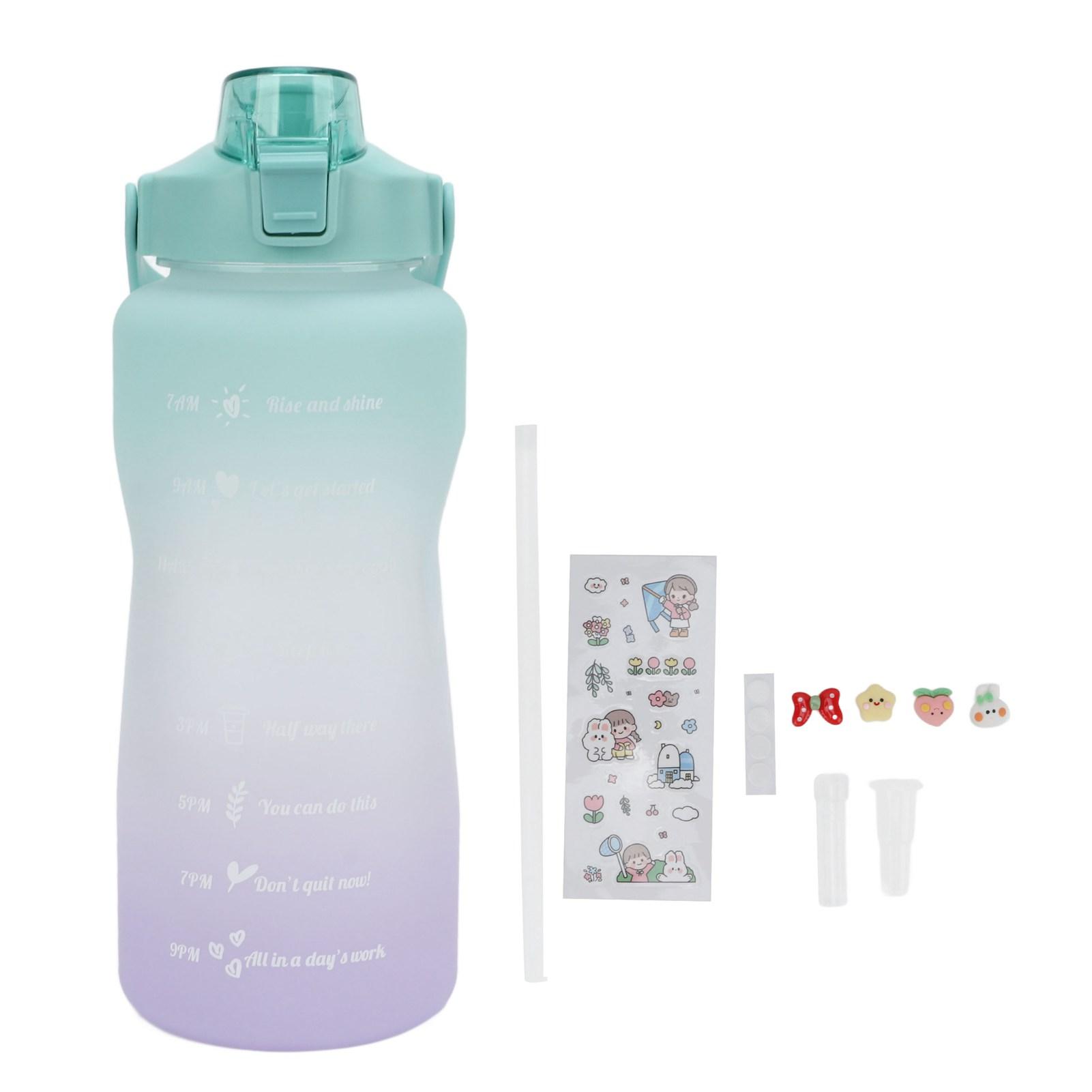 Sports Water Bottle 2000ml Gradient Frosted   Water Bottle with Handle Straw Silicone Hose Water Bottle for Running