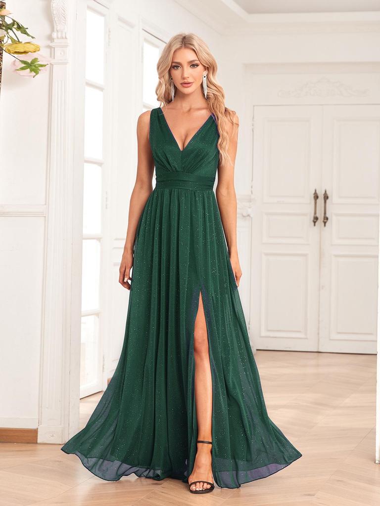 2026 Sparkling Chiffon Sleeve Double V-Neck A-Line Bridesmaid Dress with Side Slit