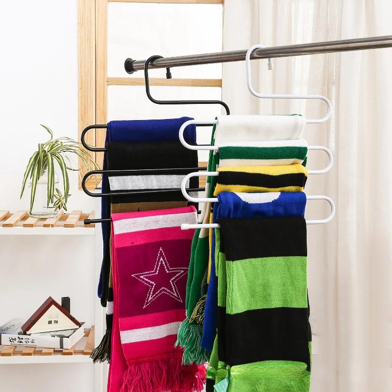 5 Layers S-shaped Pants Hanger Multifunctional Anti-skid Stainless Steel Pants RackWardrobe Storage Scarf Rack lron Pants Rack