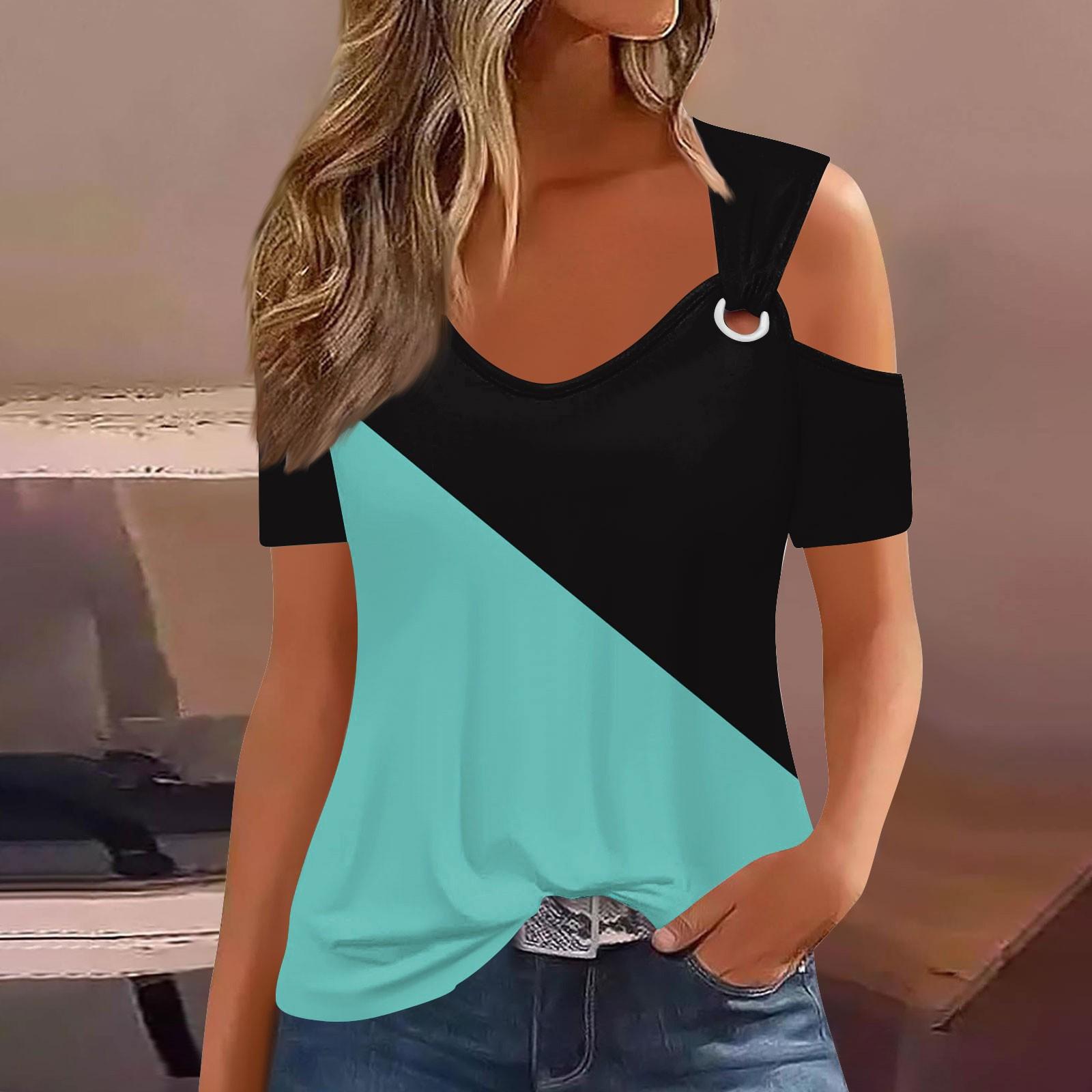 

Модные женские свободные летние простые повседневные топы с круглым вырезом и короткими рукавами L циан