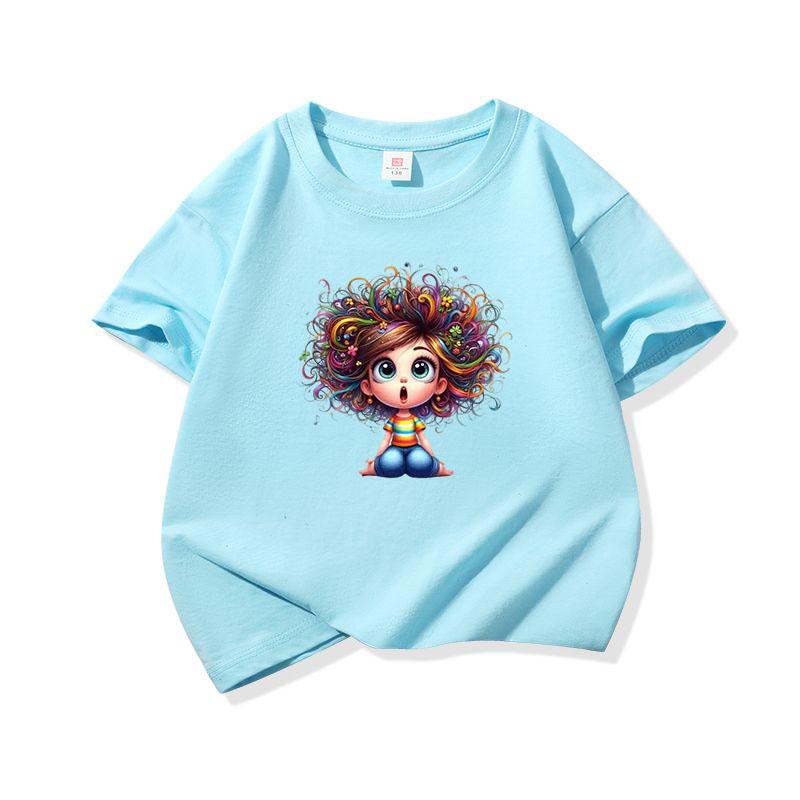 Kids Cotton T Shirt Sitting Girl With Colorful Hair Print Crew Neck Short Sleeve Tee Casual Boys Girls Summer Tops