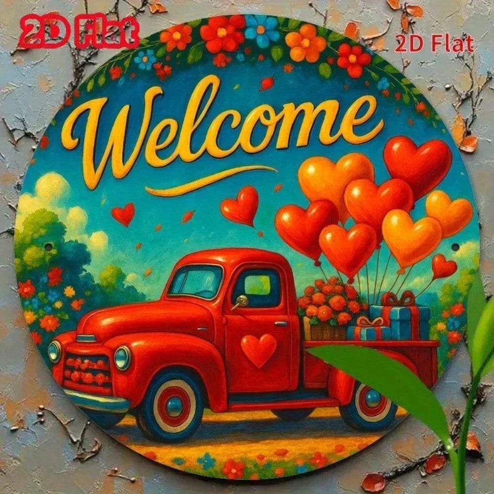 Vintage Wall Decor Red Truck with Heart Balloons Metal Sign Iron Art