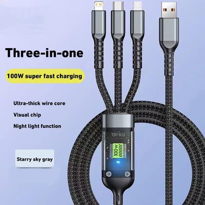 100W 3-in-1 Super-Schnellladekabel Transparent Leuchtend Super-Schnellladekabel Typ-C USB-Kabel Mehrfachverlängerung für Android