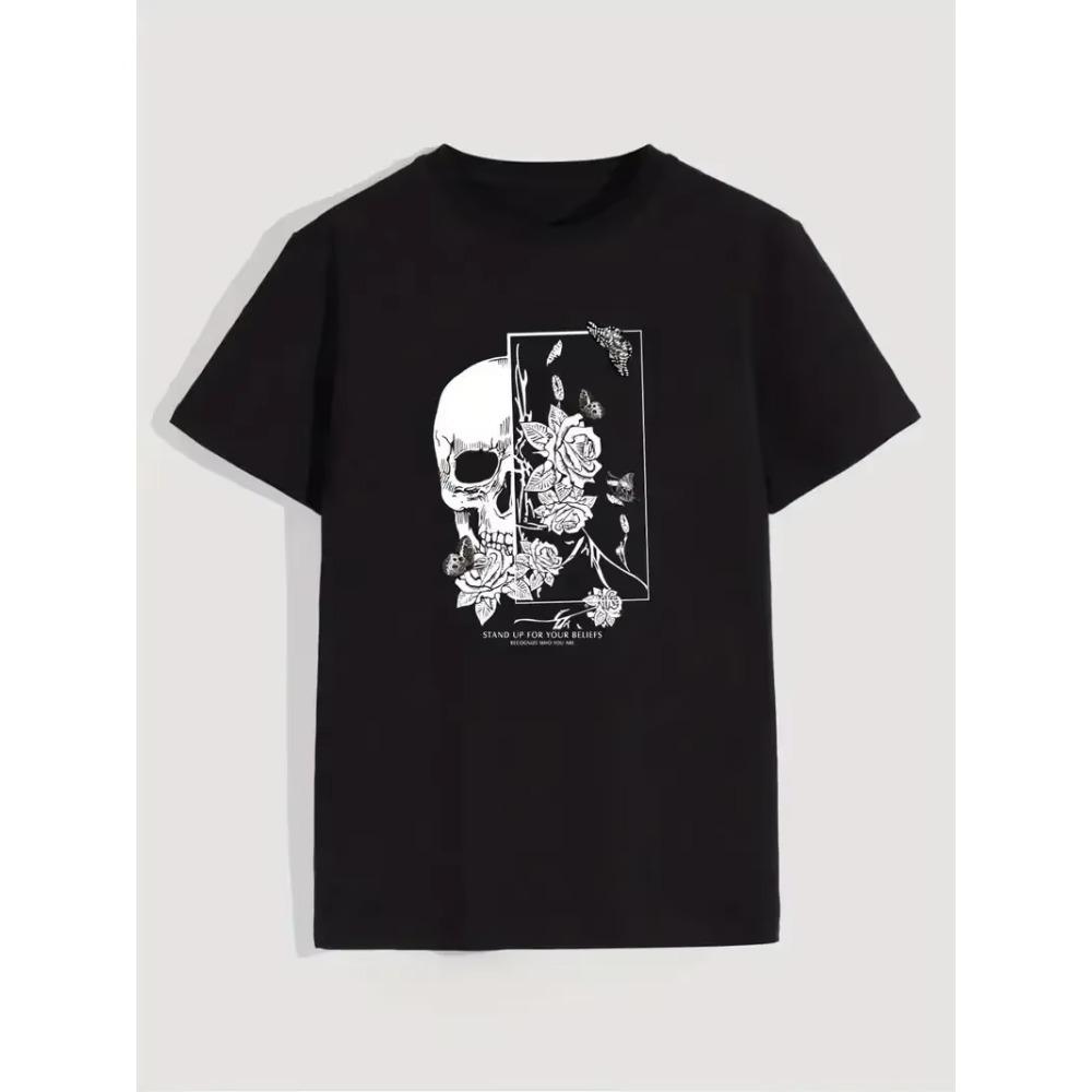 T-Shirt for Men Skull & Flowers Print T-shirt Short Sleeve Tee Casual Sports Clothing for Males Fashion Plus Size Men's Clothing