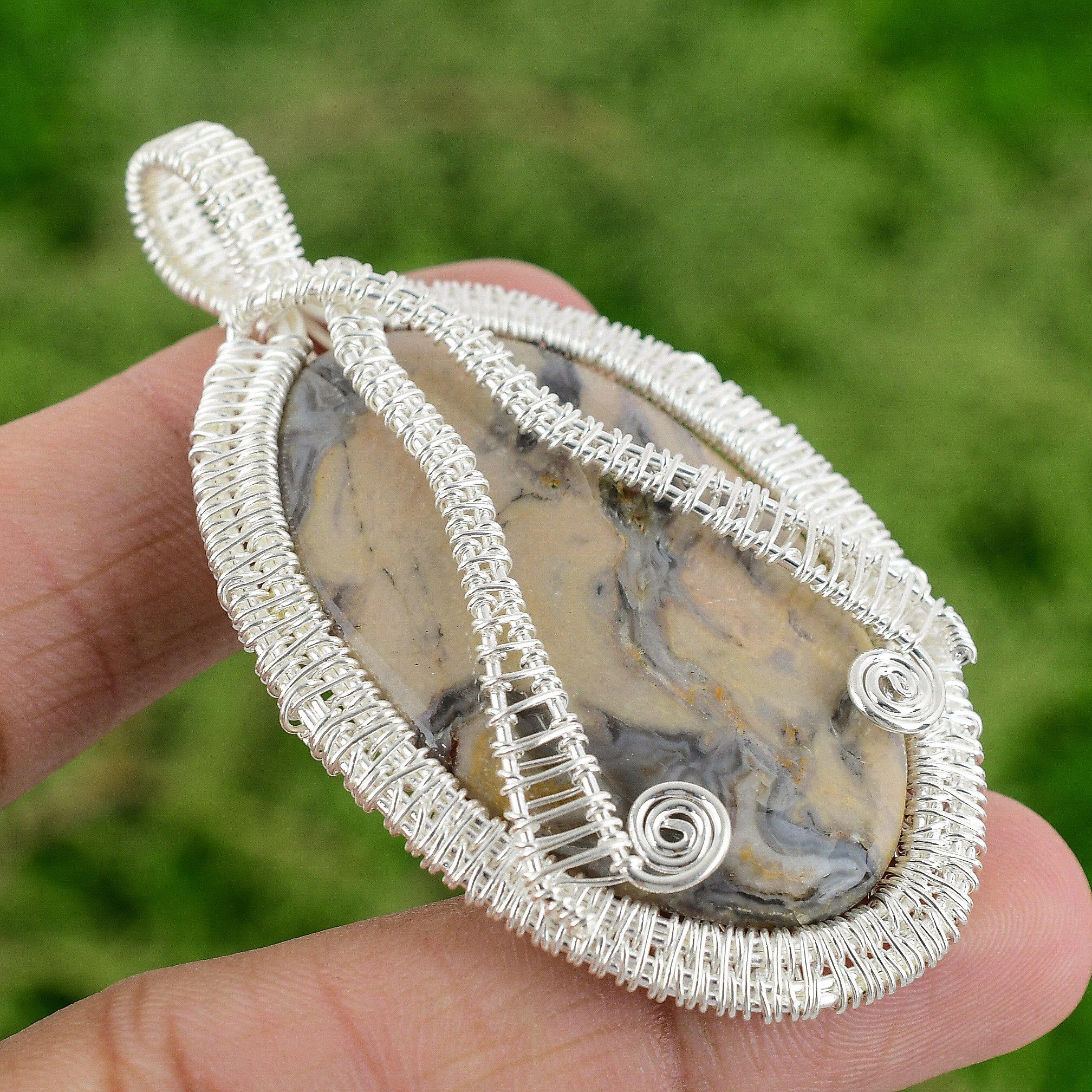 

Sterling Silver Porcelain Jasper Gemstone Wedding Wire Wrapping Mother Pendant
