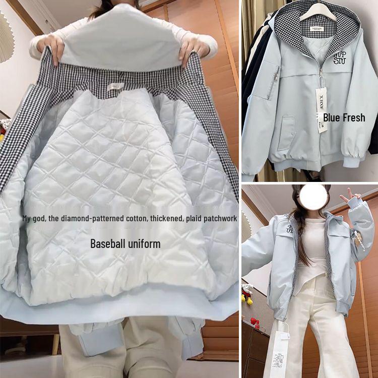 Unisex Korean Style Plaid Patchwork Quilted Hooded Baseball Jacket for Autumn/Winter Default Option