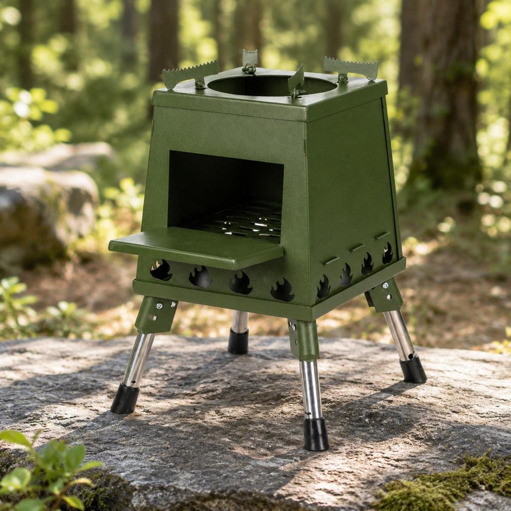 Square Firebox with Cooking Shelf Foldable Camping Folding Legs Ventilated