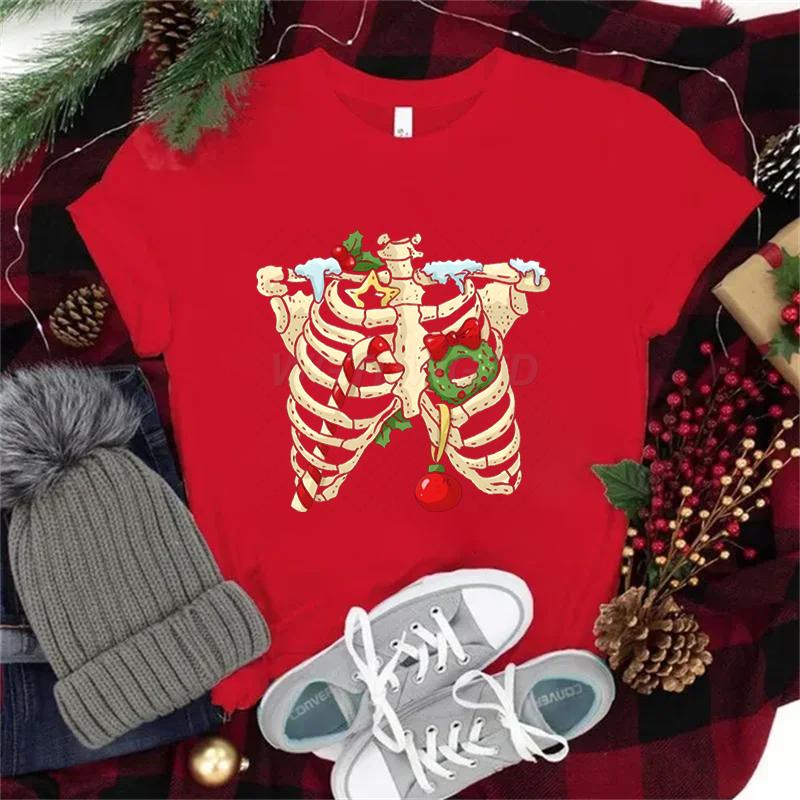Christmas Skeleton Skull Tshirt Unisex Women Fashion Casual Tops Xmas Festive Holiday Classic Tops Unisexs Womens Clothing
