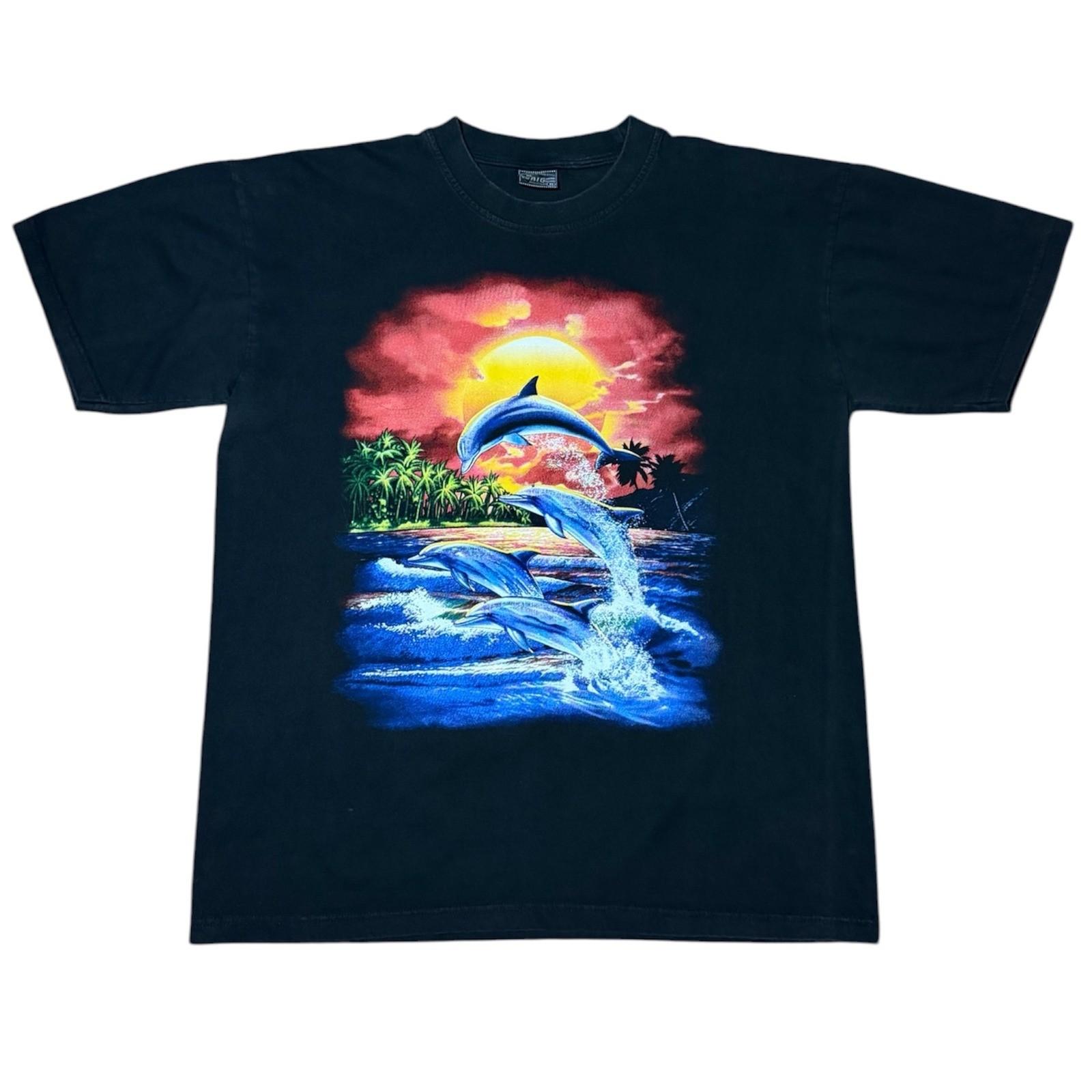 Vintage Y2K Dolphin Tropical Sunset Ocean Nature Double Sided Graphic T-Shirt XL