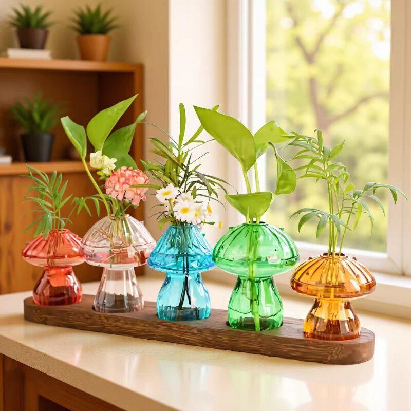 Modern Colorful Mushroom Glass Vase - Exquisite Art Ornament for Living Room, Small Hydroponic Container