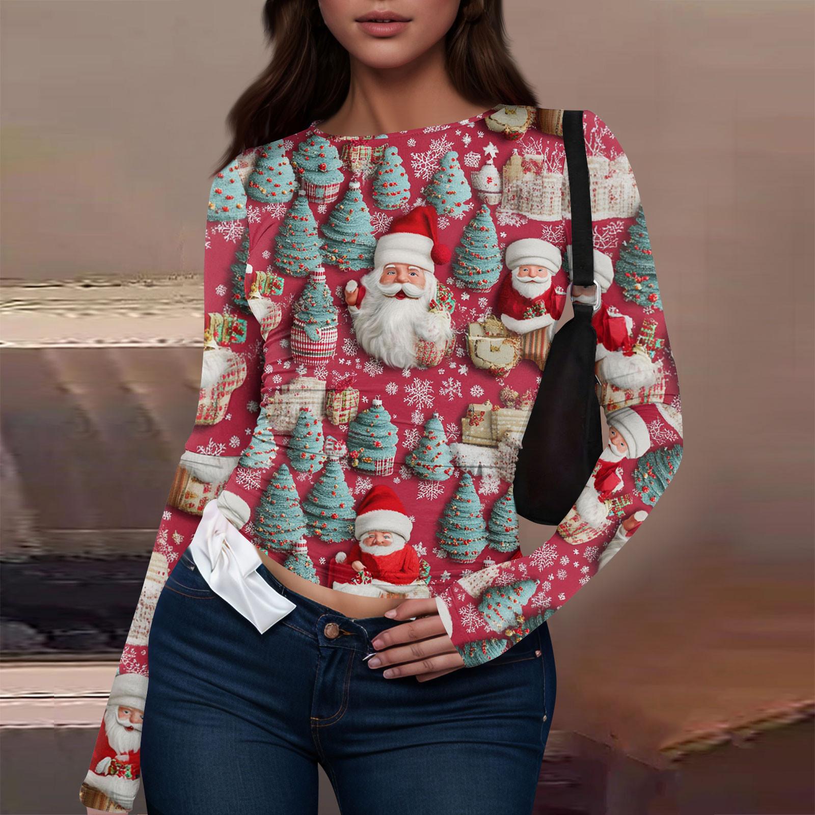 

Женская модная повседневная футболка с круглым вырезом и рождественским принтом с длинным рукавом S