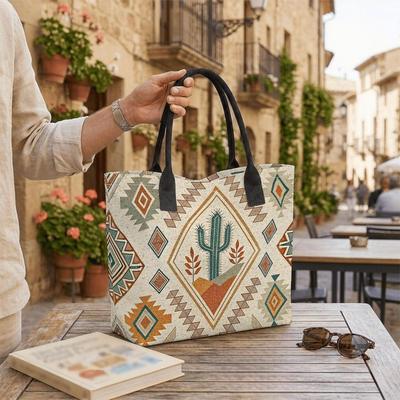  Boho Geometric Cactus Print Tote Bag Casual Large Capacity Shoulder Handbag for Daily Use