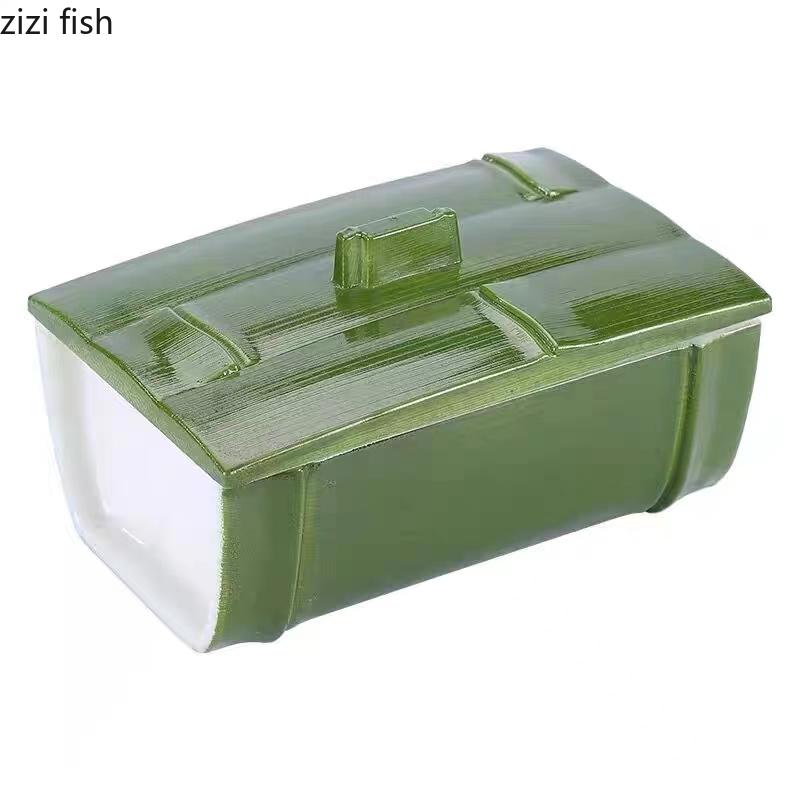 Plastic Imitation Bamboo Dining Plate Bamboo Tube Plate with Lid Green Dessert Plates Dim Sum Dish Serving Plates Fruit Bowl
