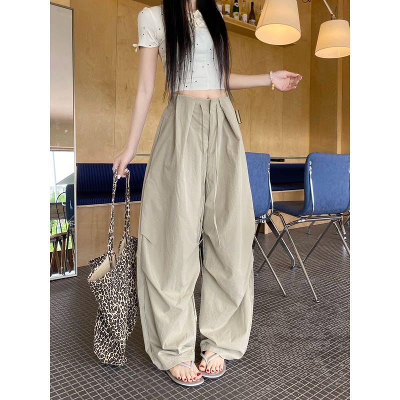 Kumikumi Idle Style White Drawstring Drape All-Matching Casual Pants Women Fall High Waist Slim Looking Loose Pants Pants