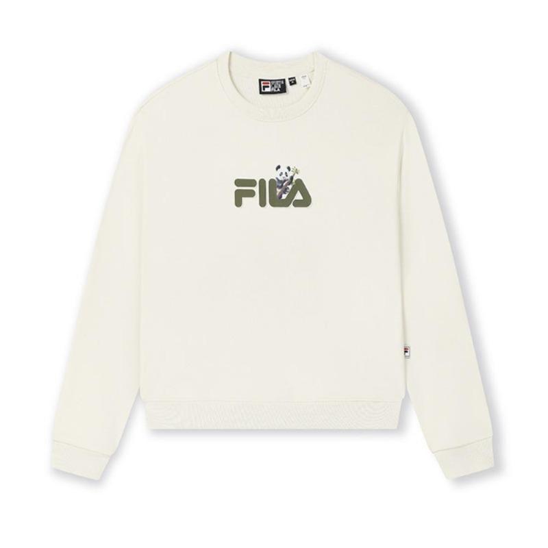 FILA HERITAGE Panda Embroidery Trendy Casual Versatile Crew Neck Pullover Sweatshirt Women Vapor White F51W538201FIV