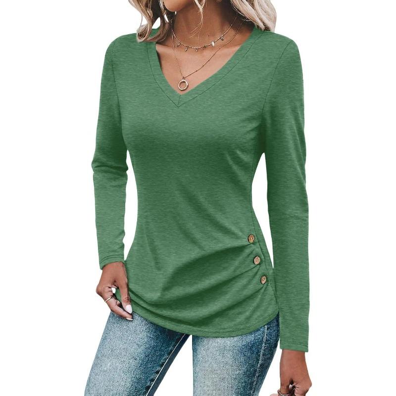 Women's Loose Fashion Solid Colour Long Sleeve Top Button Detail Knitted Multi Stretch Comfort T Shirt