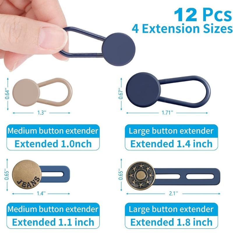 12pc Button Extender for Pants Jeans Shirts Free Sewing Adjustable Retractable Waist Extenders Button Waistband Expander