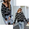 BITCED Women's Oversized Cropped V-Neck Sweater Women's Knit Sweater with Fringe for Fall/Winter