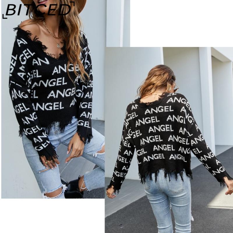 BITCED Women's Oversized Cropped V-Neck Sweater Women's Knit Sweater with Fringe for Fall/Winter