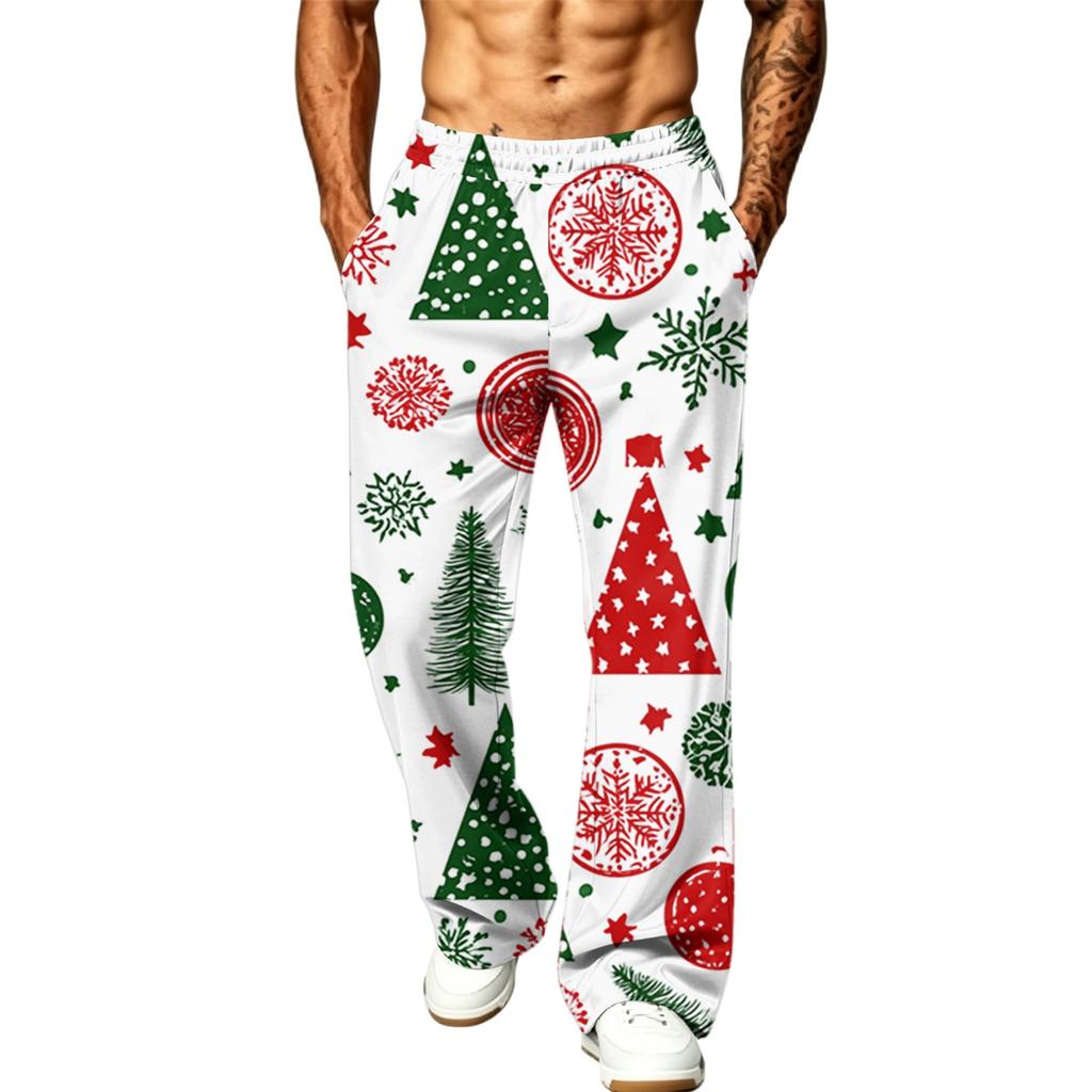 Men's Fashion Casual Loose Wide Leg Christmas Print Sweatpants with Pockets for Holiday