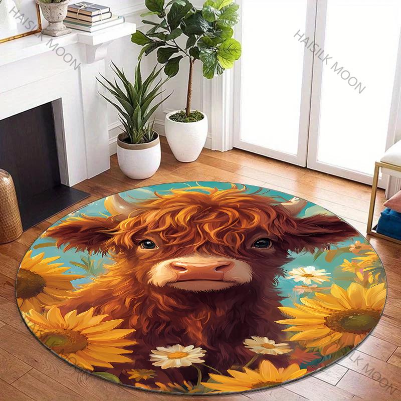Scottish Highland Cattle Pattern Round Rug Kids Room Circular Carpet Living Room Bedroom Home Decoration Computer Chair Area Mat