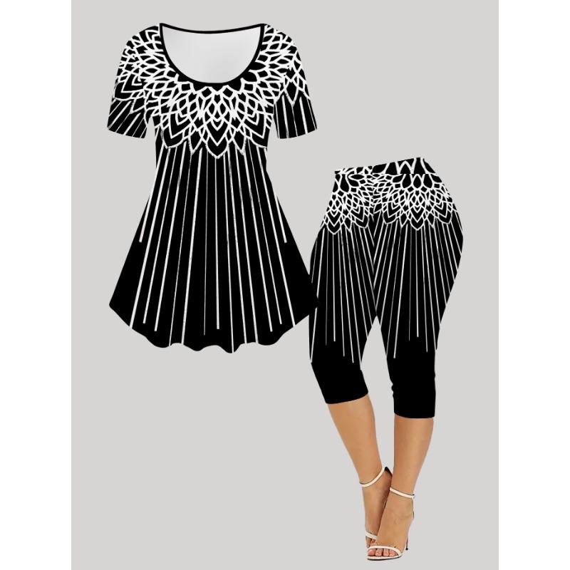 Women s geometric print fashionable short-sleeved cropped pants suit 2XL