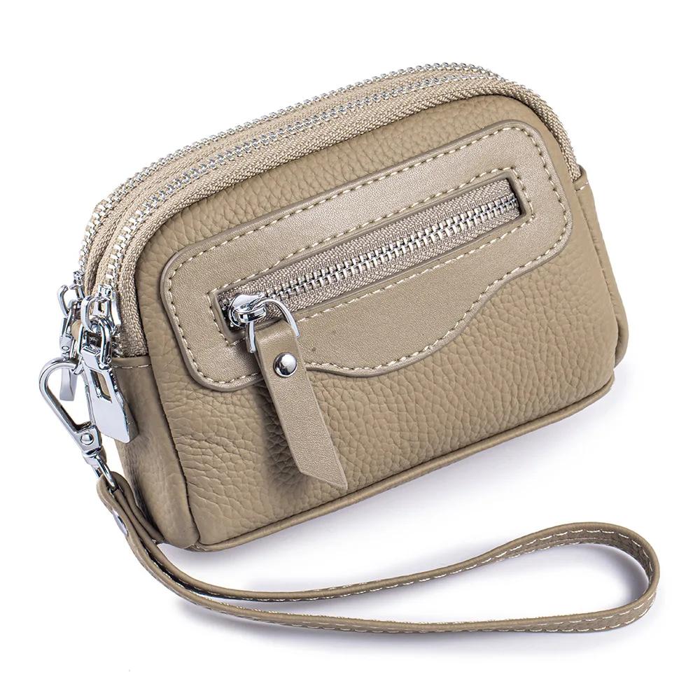 Wallet for Women Double Zipper Coin Purses Lightweight Portable Wristband Wallets Genuine Leather Change Organizer with 2 Zipper