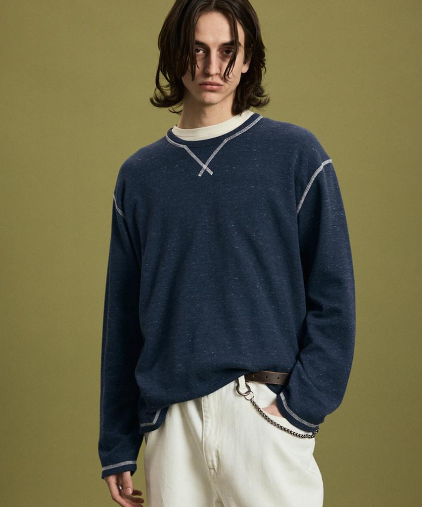 IL CORSO Pin Slub Waffle Long Sleeve T-Shirt Blue