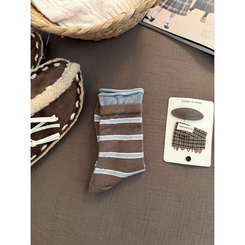 Ladies Autumn-winter Thick Warm Striped Double Collar Wool Medium Tube Pile Socks