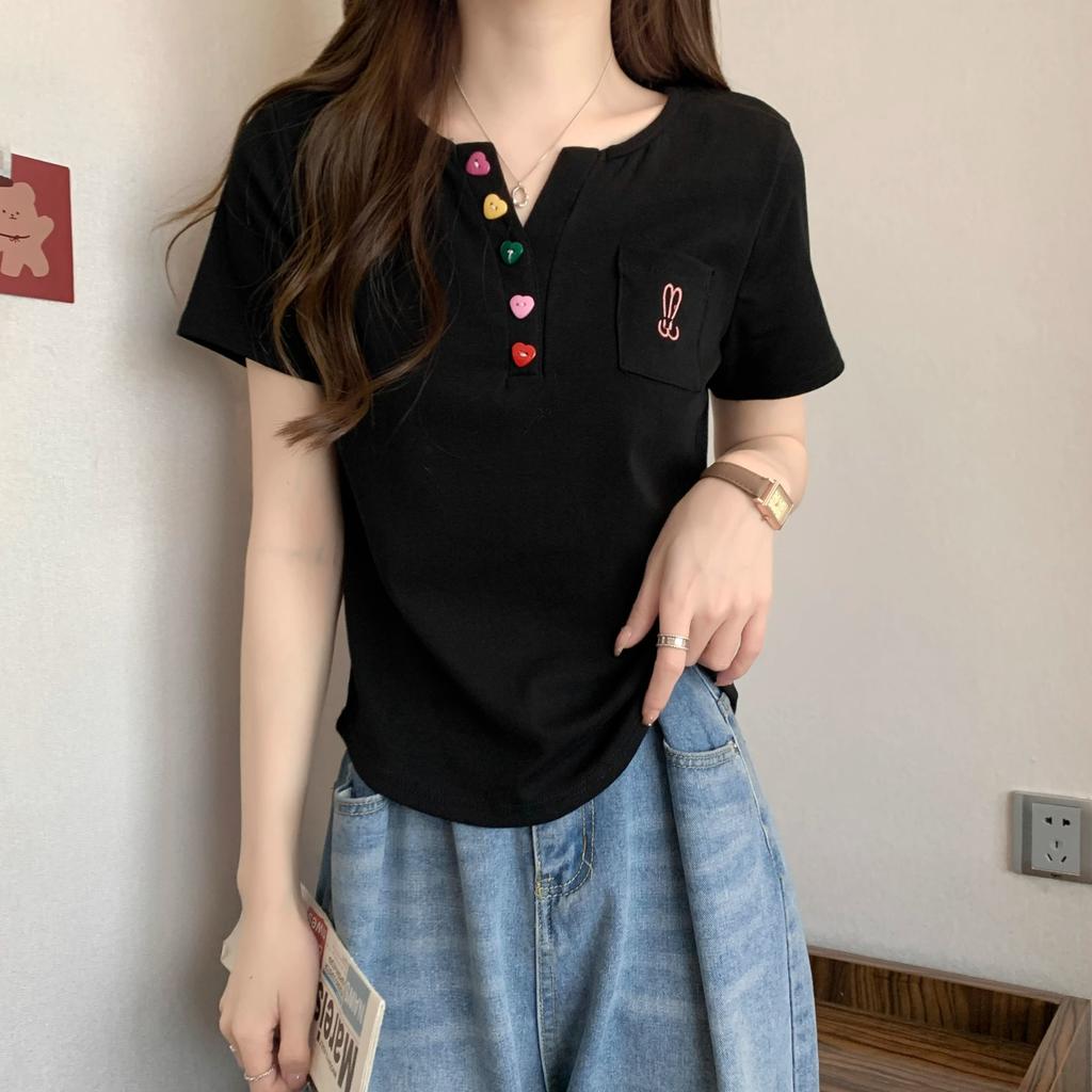 Summer Pure Cotton Irregular Solid T Shirts Women‘s V-neck Short-sleeve T-shirt Casual Slim Elastic Skinny Y2k Top Women Clothes