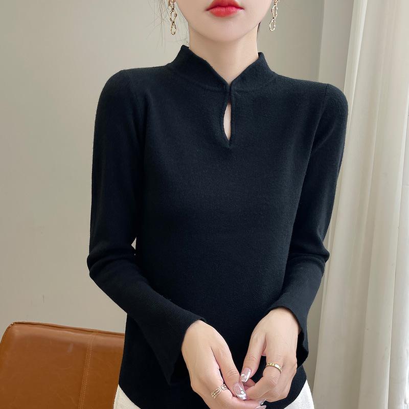 Guofeng Chinese-Style Stand Collar Flare Sleeve Slimming Knit Top L чёрный