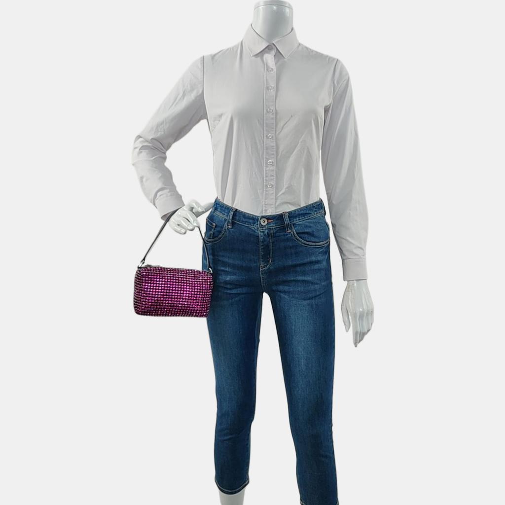 [Pre-Owned] Top Handle Chain Mesh Zipper Closure Crystal Rhinestone Leather Underarm Shoulder Bag - Excellent #1PR6ATT
